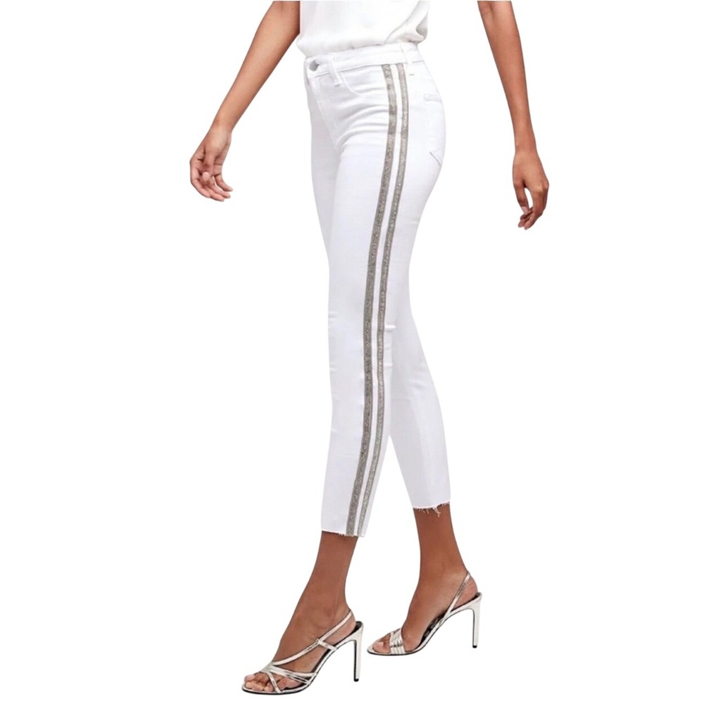 $495 L'AGENCE Margot HiRise Skinny Jeans White Crystal Stripes Raw Hem 23 Preppy